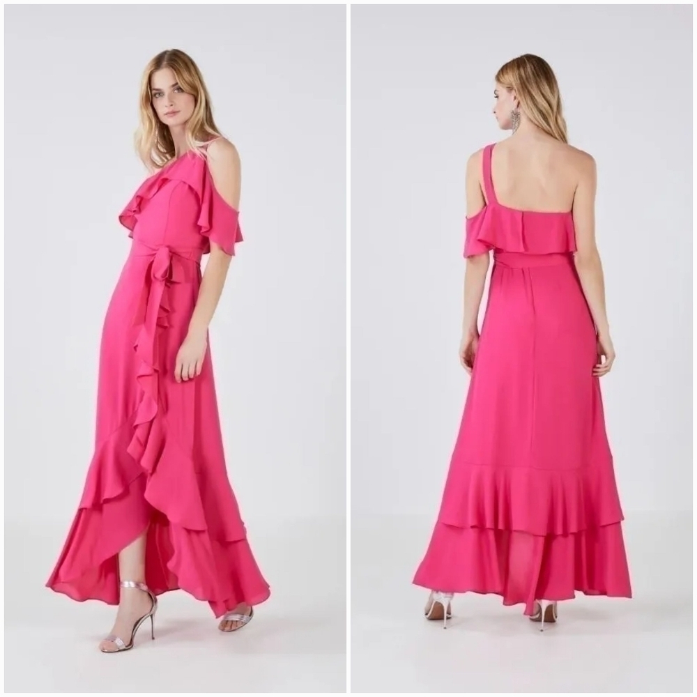 BCBGMaxAzria One Shoulder Ruffled Laura Evening Dress in Pink